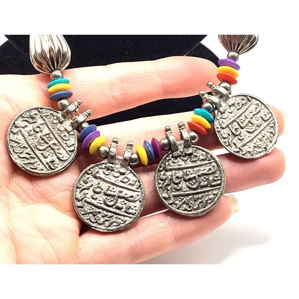 Vintage Aged Arabic Coin Necklace Bohemian Belly Dance 24in